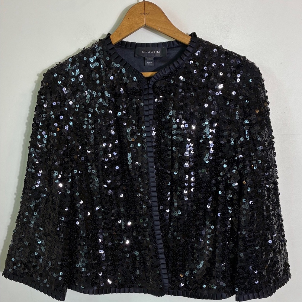 St. John Black Sequin One Button Cropped Jacket Size 8